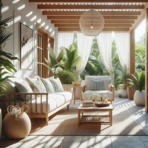 Casa saudável com design biofílico, iluminação natural, plantas verdes e materiais naturais como madeira e pedra, promovendo bem-estar e equilíbrio emocional
