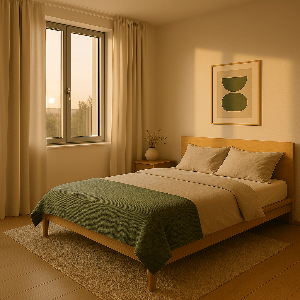 Ambiente de quarto organizado, com tons neutros, texturas naturais como madeira e algodão, e plantas purificadoras.