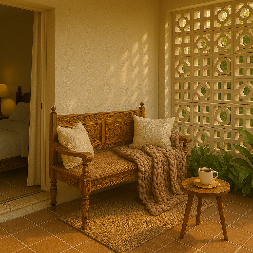 Espaço interno com jardim, luz natural, cobogós e ventilação cruzada, integrando natureza e bem-estar.